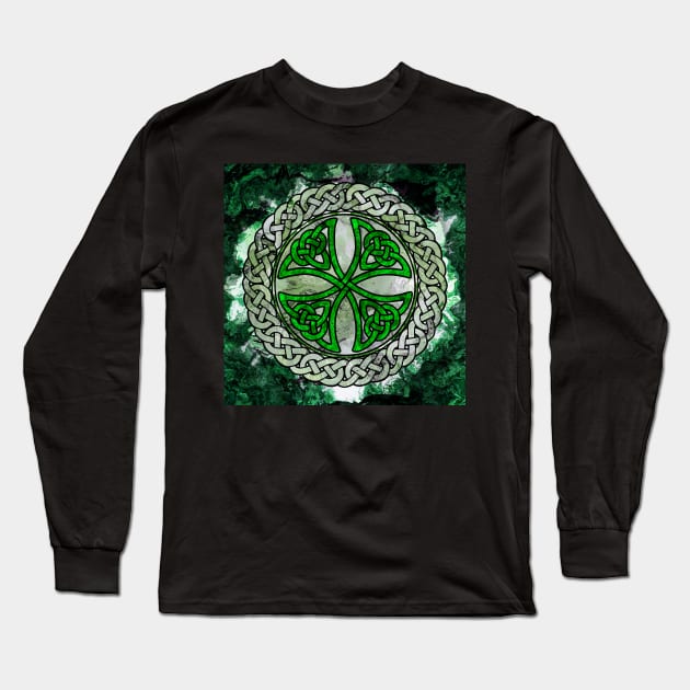 Green Celtic Shield Knot on Marble Long Sleeve T-Shirt by Leroy Binks